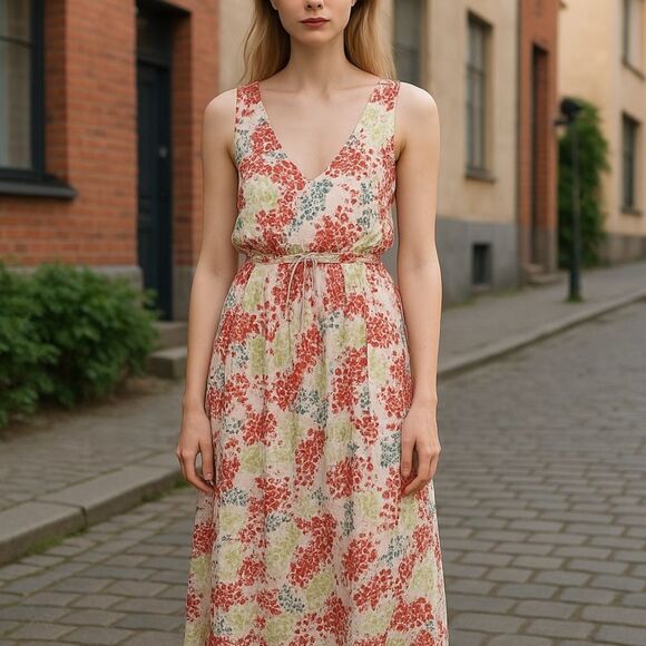 Lucky Brand Sleeveless V Neck Red Pink Floral Print Maxi Dress Size Medium - Picture 1 of 12